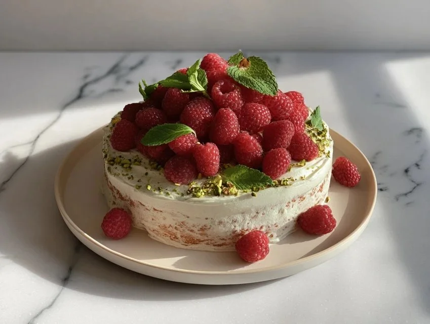 Slice of Pistachio Raspberry Cake topped with fresh raspberries and nuts