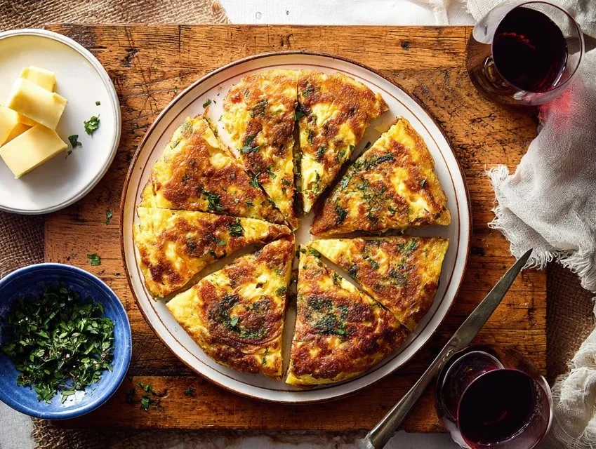 Delicious Potato Cheese Hash (Frika) served on a plate with herbs.