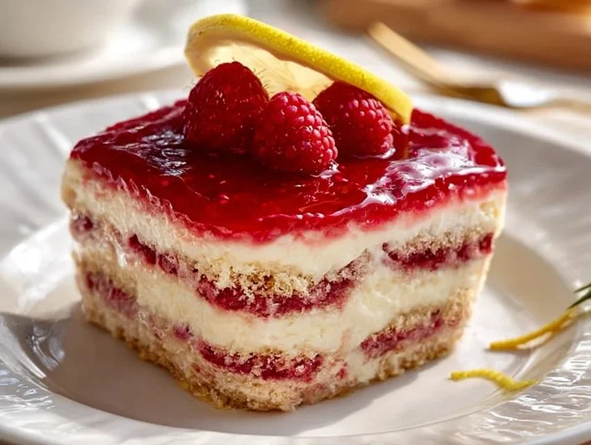 Delicious raspberry tiramisu dessert layered with coffee, mascarpone, and raspberries