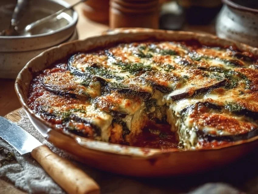 Delicious Ricotta Eggplant Casserole with layers of cheese and eggplant