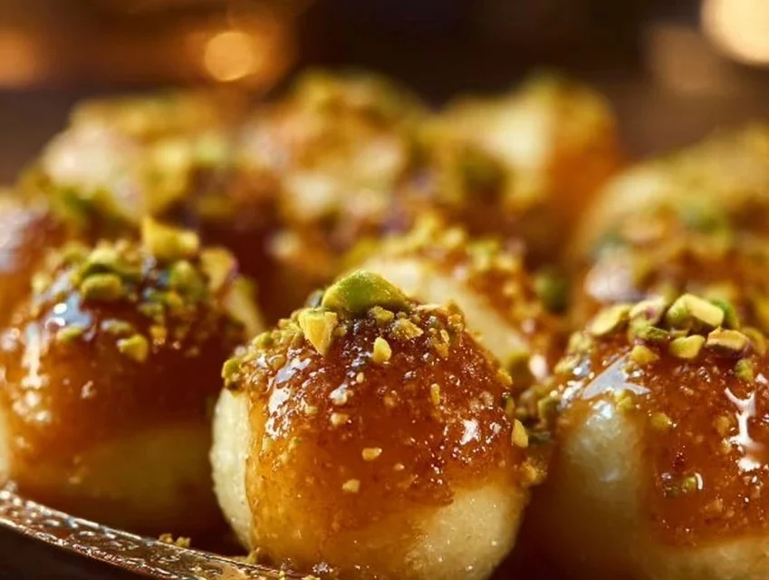 Ricotta Pistachio Honey Bites served on a plate with honey drizzle