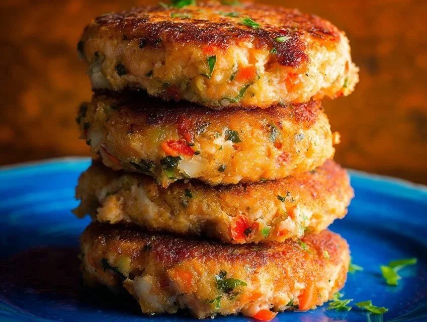 Crispy salmon patties served with lemon and herbs on a plate