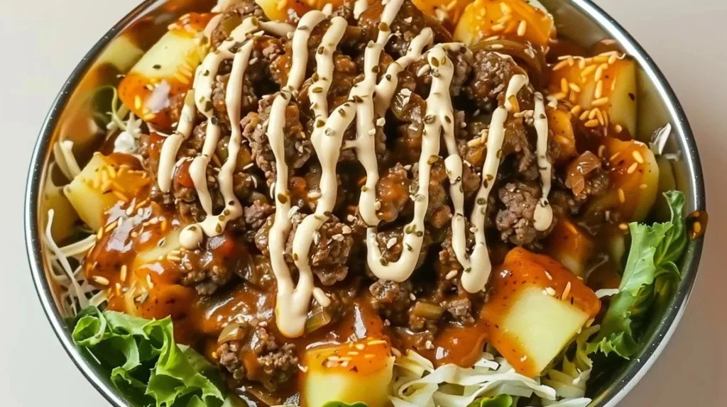 Savory Smash Burger Bowl with toppings and ingredients in a vibrant dish