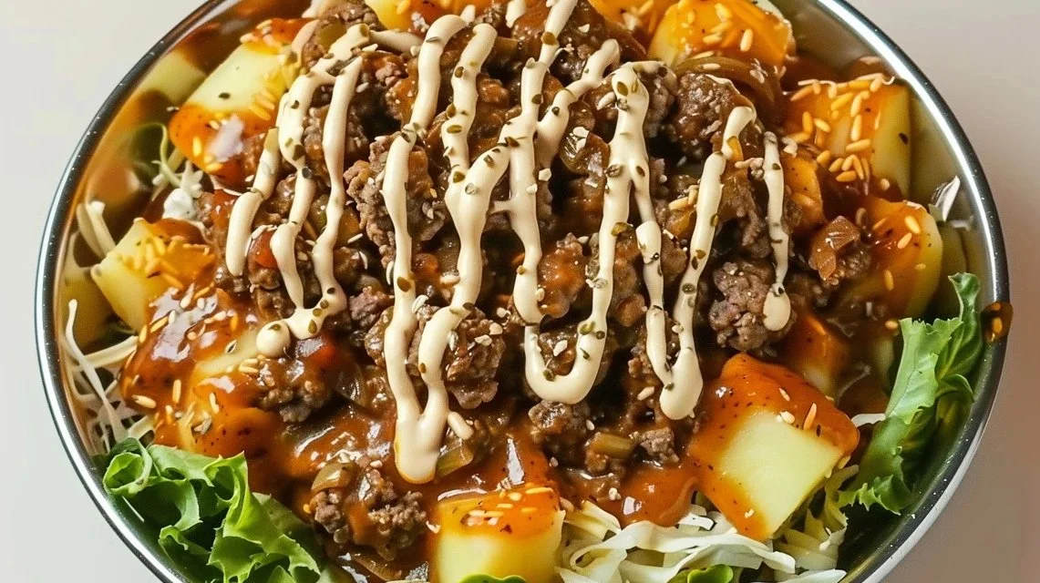 Savory Smash Burger Bowl with toppings and ingredients in a vibrant dish