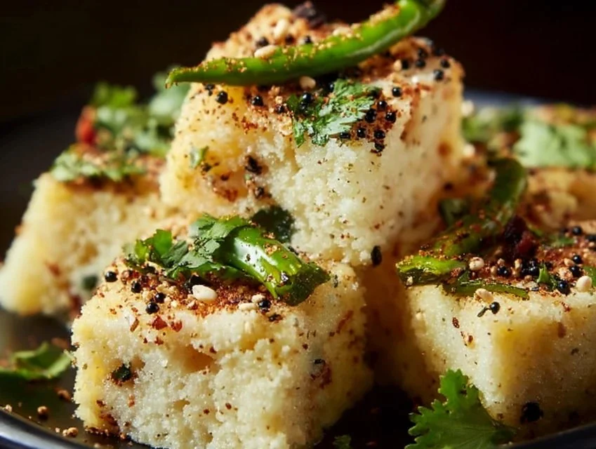 Delicious semolina steamed cake Dhokla served with chutney.