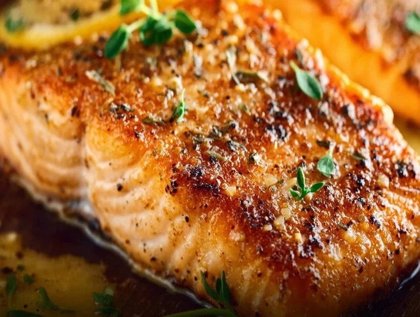 Sheet pan lemon garlic butter salmon with fresh herbs and lemon slices