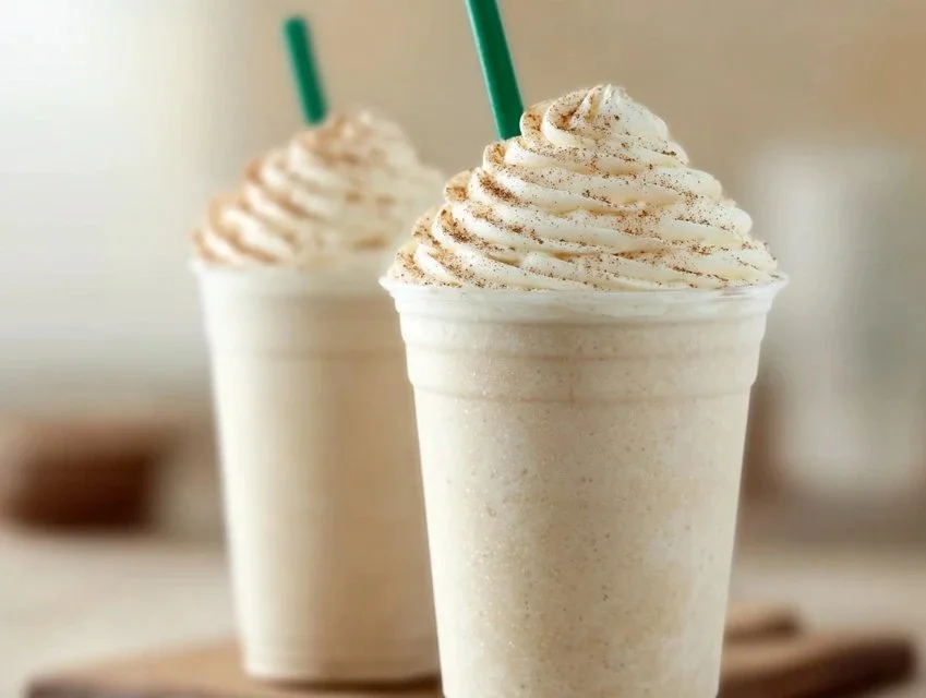 Starbucks-inspired Vanilla Bean Frappuccino topped with whipped cream