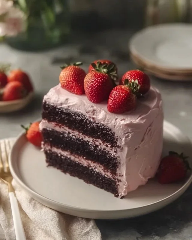 Delicious Strawberry Chocolate Cake with fresh strawberries and chocolate frosting