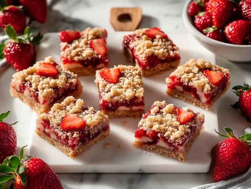 Delicious homemade Strawberry Oatmeal Crumble Bars on a plate