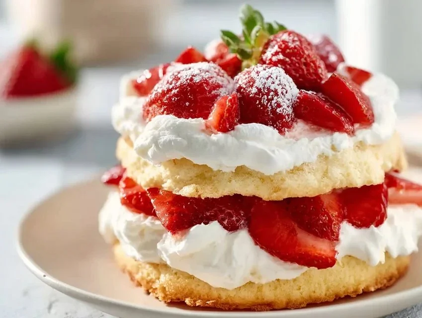 Homemade Strawberry Shortcake dessert with fresh strawberries and whipped cream