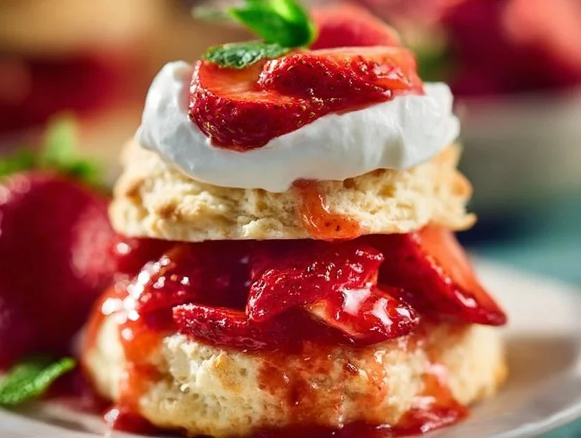 Delicious strawberry shortcake layered with fresh strawberries and whipped cream