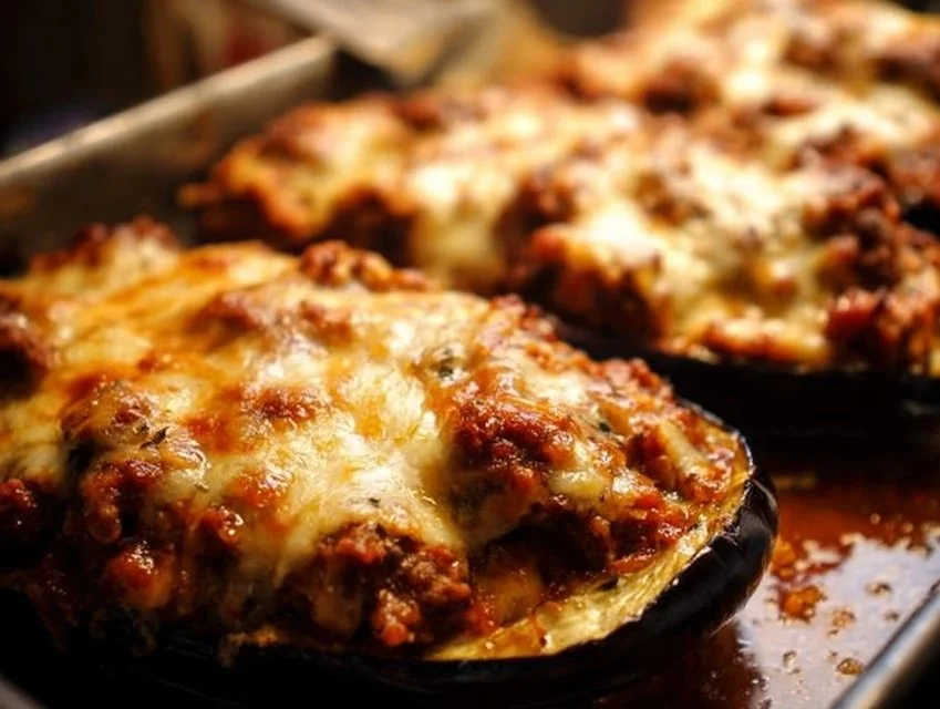 Delicious stuffed eggplant boats filled with savory ingredients for a healthy dish