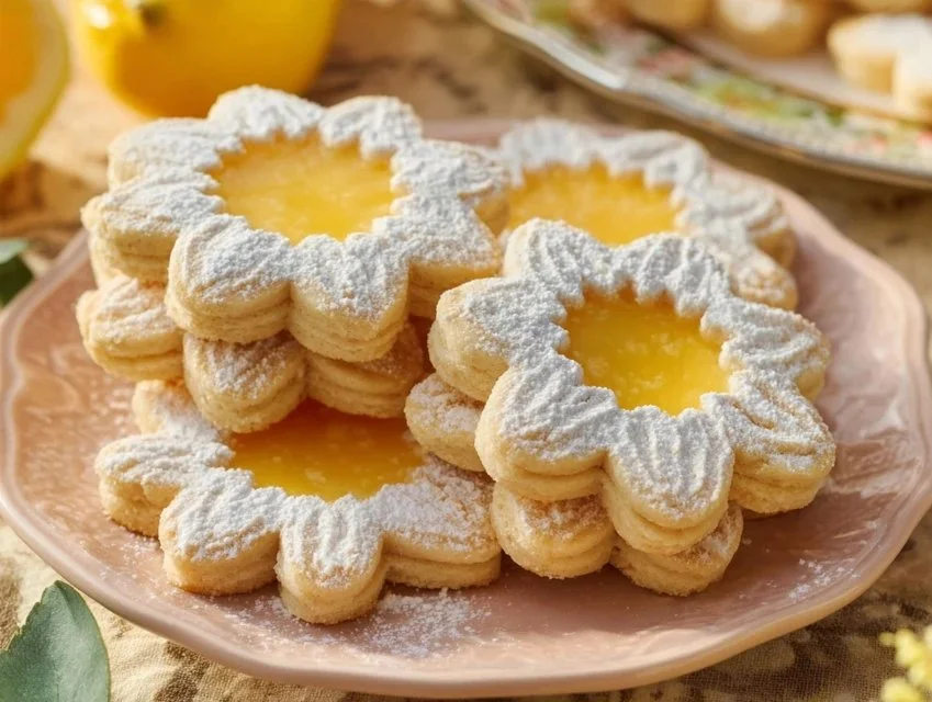 Delicious vegan lemon curd shortbread cookies on a plate.