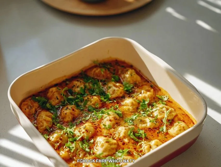 Delicious viral dumpling bake served in a baking dish
