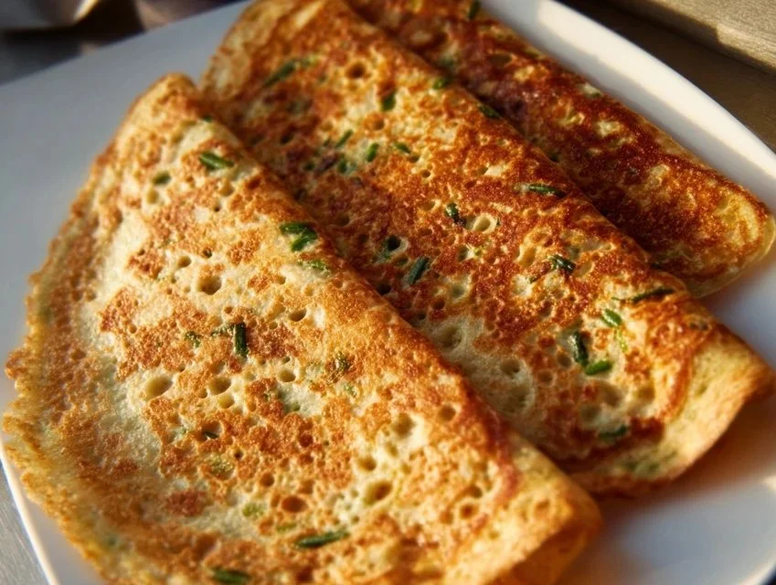 A plate of crispy wheat dosa served with chutney and sambar.
